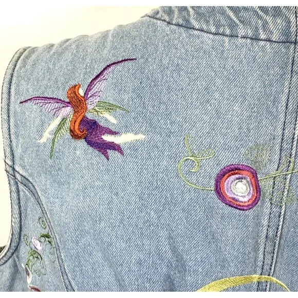 Denim Vest Sz XL Embroidered Fairies Unicorn Whimsical Russ State of Blue Vtg - Picture 9 of 11